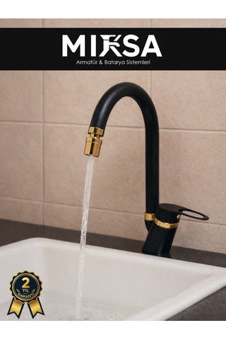 Lüx Siyah-gold Baston Borulu Oynar Başlıklı Perlatörlü Banyo Lavabo Bataryası, Çiftsugirişli
