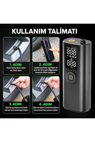 Kablosuz Akıllı Hava Pompası 120 Psı Dijital Göstergeli Type-c Şarjlı Lastik Şişirme Kompresörü Otomatik Basınç Ayarlı Led Işıklı