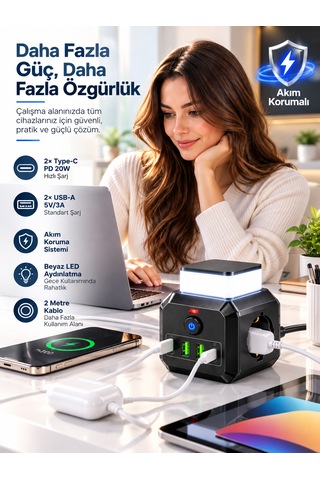 Akım Korumalı 3'lü Priz 2200w 1050j 10a Gece Lambalı 2 Usb 2 Type-c Şarj Girişli 0.2 M