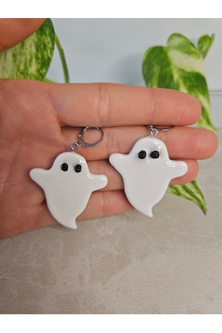 El Yapımı Polimer Kil Küpe - Paslanmaz Çelik Aparatlı Beyaz Sevimli Hayalet Figürlü Cadılar Bayramı Sallantılı Küpe Cute Ghost