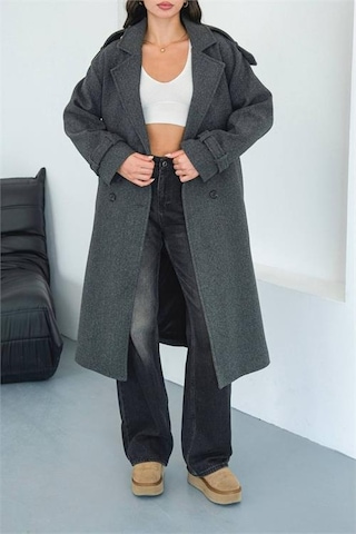 Neşeli Butik Kadın Omuz Detaylı Antrasit Kaşe Kaban Nbmylk34 Antrasit