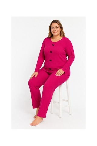 Sleeproom Büyük Beden Kadın Kaşkorse Mevsimlik Koyu Pembe Pijama Takımı