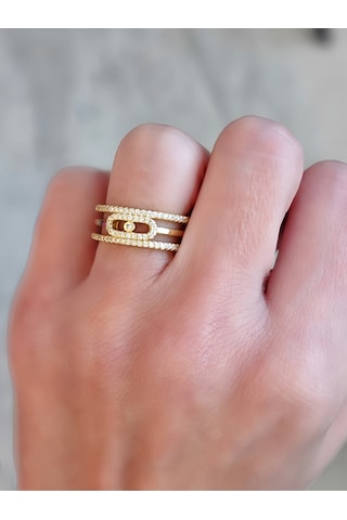 Ayarlanabilir Mess Model Zirkon Taşlı Gold Renk Çelik Yüzük Altın