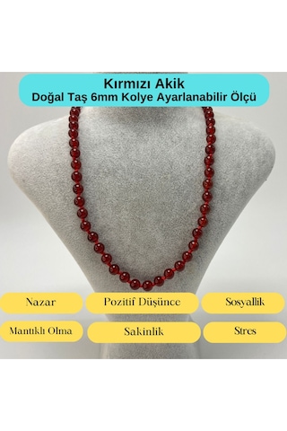Yıldız Doğal Taş Kırmızı Akik Doğal Taş 6 MM Makrome Kolye 45 CM - 55 CM Ayarlanabilir Kırmızı