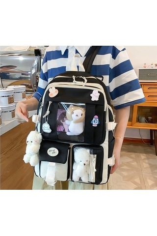 Öğrenci Beş Parçalı Büyük Kapasiteli Okul Çantası Siyah Siyah