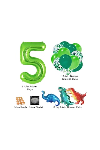 5 Yaş Dinazor Set Rakam Folyo, 3 Adet Mini Dinazor Ve 10 Lu Balon