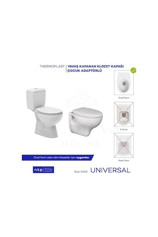 Universal Çocuk Adaptörlü Çift Kullanım Yavaş Kapanan Klozet Kapağı Oval C Form Parlak Beyaz