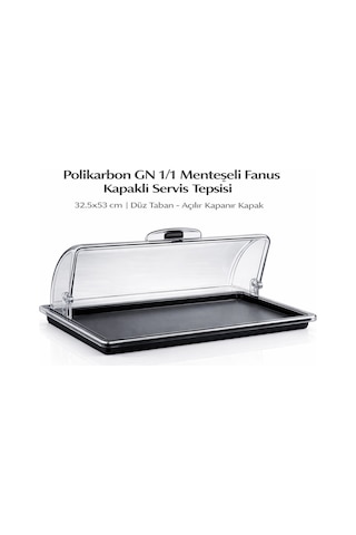 Polikarbon Gn 1/1 Menteşeli Fanus Kapaklı Servis Tepsisi 32.5x53 Cm Açılır Kapanır Kapak Şeffaf