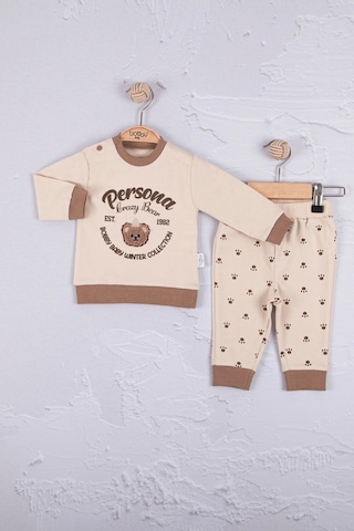 Babydonat Persona Bear Nakışlı % 100 Pamuk 2'li Erkek Bebek Takım Krem