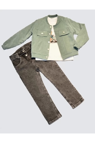4-5-6 Yaş Kot Pantolonlu Nubukceketli Uzun Kollu Penye Sweat 3lü Erkek Çocuk Takımı Yeşil Yeşil