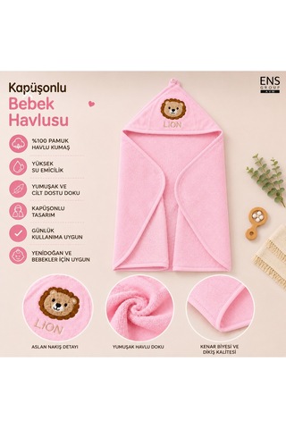 Kapüşonlu Bebek Bornoz Havlu %100 Pamuk Aslan Nakışlı Yumuşak Banyo Havlusu Pembe Açık Pembe