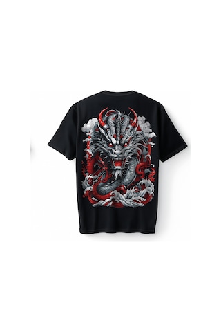 Bumeta Fire Red Dragon Fury Oversize Unisex Tişört T-shirt Siyah