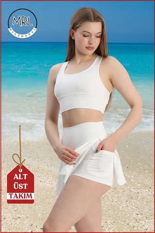 Kadın Alt-üst Takım Şort & Crop Denizde Havuzda Sporda Casual/ Günlük Kullanım Ekru Tk3107 Ekru