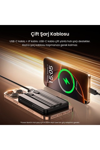 Rocoren 10000mah Magsafe 15w Kablosuz Powerbank Lightning Ve Type-c 22.5w Kablolu Standlı Taşınabilir Hızlı Şarj Cihazı siyah