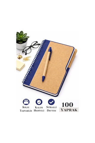 Lacivert Sert Kapak Çizgili Defter 100 Yaprak 1 Adet Kalem Hediyeli Lastikli Defter Spiralli Günlük Kullanım Not Defteri