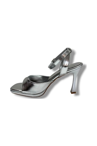 Erbay 603-26 Parlak Simli Deri Tek Bant Topuklu Kadın Sandalet 10cm Gümüş