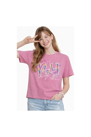 Irem Kız Çocuk Pay Price Yazı Desenli Crop Model Oversize Kalıp Pembe Renk Kısa Kollu Tişört