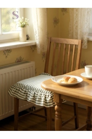 Yeşil Çizgili Buldan Yıkanmıs Keten 4 Tarafı Fırfırlı Sandalye Minderi Çok Renkli