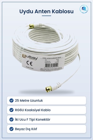 Uydu Anten Kablosu 25 Metre Beyaz Koaksiyel Uzatıcı Kablo Rg6u Tv