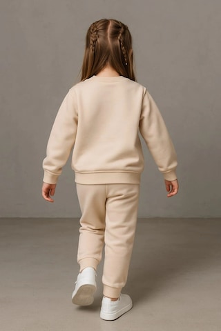 Büyük Çiçek Nakışlı %100 Pamuk 2 Li Çocuk Eşofman Takımı Bej