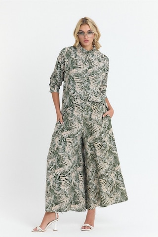 Schık Kadın Viskon Rahat Bol Paça Truvakar Kol Önü Düğme Baskılı Takım Haki