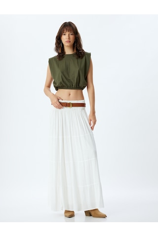 Koton Crop Kolsuz Bluz Bisiklet Yaka Beli Lastikli Viskon Kumaş Haki 4sak70097ek Haki