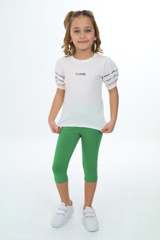 Toontoy Kids Toontoy Kız Çocuk 2'li Takım Baskılı Bisiklet Yaka Prenses Kol T-shirt & Beli Lastikli Crop Tayt Ekru