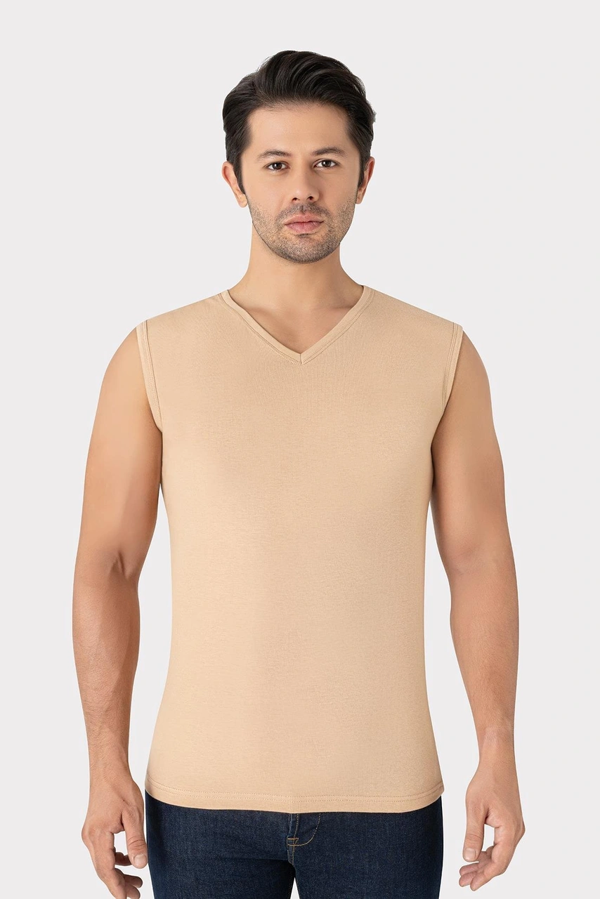 2'li Görünmez Atlet Erkek Ten Rengi V Yaka Kolsuz Tişört Pamuklu Likralı Esnek Yumuşak Kumaş Ten