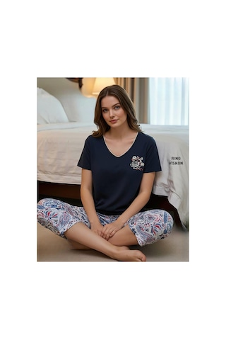 Mi Hra Mihra Kadın Viskon V Yaka Kısa Kol Kapri Likralı Pijama Takımı 40111l - 1 Adet Lacivert