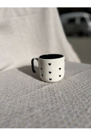 El Yapımı Seramik Kupa, Mug, Türk Kahvesi Bardağı Siyh Kalp Desen