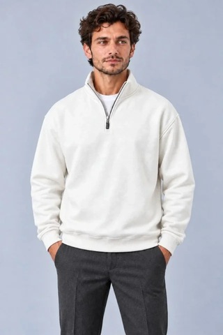 Suma Erkek Beyaz Dik Yaka Yarım Fermuarlı Şardonlu Kışlık Sweatshirt