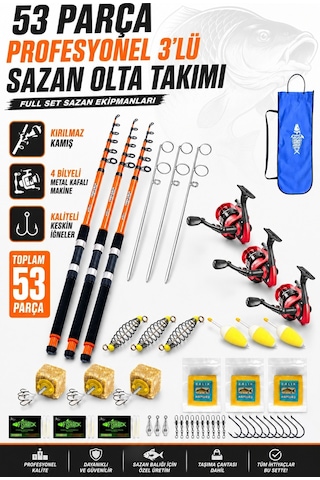 Profesyonel 3 Lü Sazan Olta Takımı - 3.60mt- Kırılmaz Kamış Metal Kafa Makine Profesyonel 3 Lü Sazan Olta Takımı - 3.60mt- Kırılmaz Kamış Metal Kafa Makine