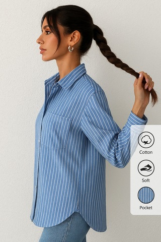 Çizgili Oversize Gömlek Mavi Mavi