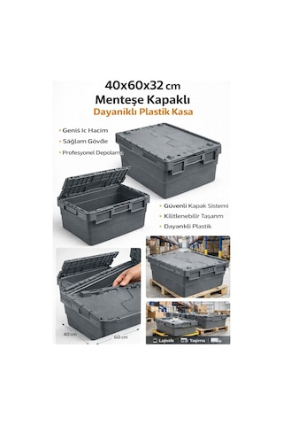 2li 40 60 32 Cm Gri Menteşe Kapaklı Plastik Kasa