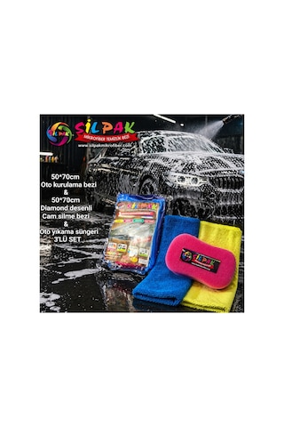 Silpak 3 Lü Araç Temizlik Seti 50x70 Mikrofiber Kurulama Bezi+diamond Cam Bezi+oto Yıkama Süngeri