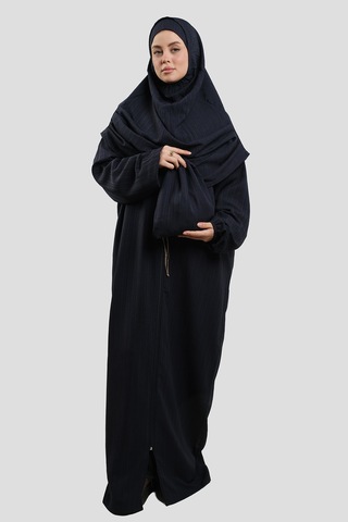 Hürrem Bone Lacivert İki Parça Fermuarlı Namaz Elbisesi Dokuma Kendinden Desenli 2516 02