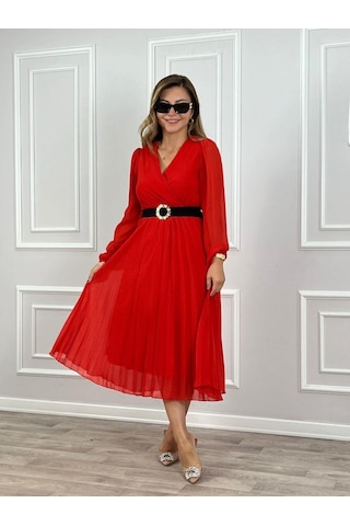Tua Moda Kadın Şifon Kumaş Astalı Kloş Kesim Kruvaze Yaka Midi Boy Elbise Kırmızı