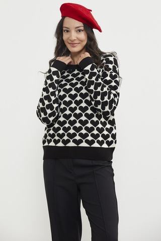 Kalp Desenli Sıfır Yaka Triko Kazak - Siyah 001