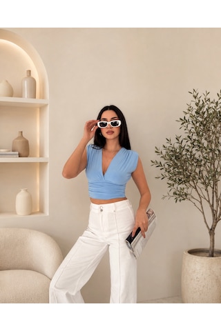 İkales Vatkalı Kolsuz V Yaka Drapeli Crop Bluz Likralı Fit Bebek Mavisi