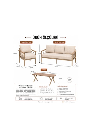 Miray Cappuccino Metal 311 Masalı Bej Balkon Bahçe Oturma Grubu Minderli Metal Bahçe Mobilyası Takımı