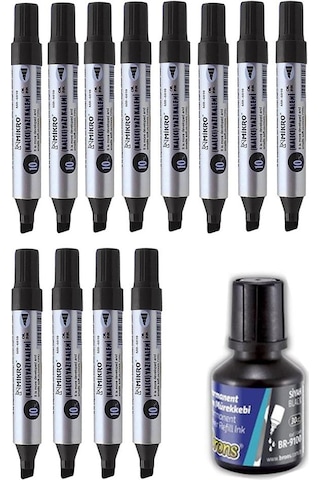 Siyah 10 Mm Kesik Uçlu Markör Permanent Kalem 12 Adet Ve Siyah Mürekkep 1 Adet Çuval Koli Kalemi