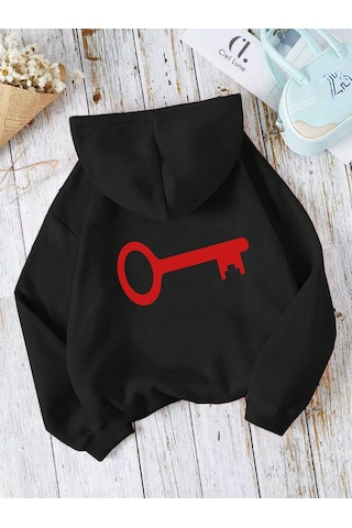 Nevermind Sevgili Çift Kombin Key To Yazı Baskılı Renk Kapüşonlu Sweatshirt Siyah
