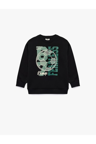 Koton Futbol Temalı Baskılı Şardonlu Bisiklet Yaka Uzun Kollu Sweatshirt Siyah 7wkb10484tk