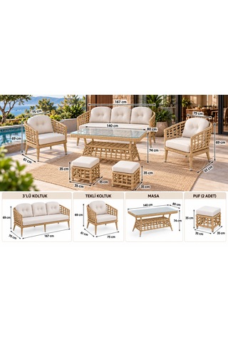 Rattan Bahçe Ve Balkon Takımı Royal Model 3+1+1 Krem