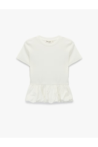 Koton Slim Fit Kısa Kollu Bisiklet Yaka Balon Peplum Tişört Ekru 6sal10578ık