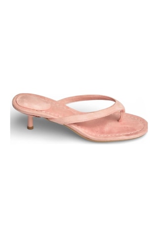 Fox Shoes Y518342802 Pudra Süet Parmak Arası Kısa Topuklu Kadın Terlik Pudra