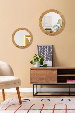 Antik 2 Li Dekoratif Ayna Seti Yuvarlak Banyo Duvar Aynası 56-43 Açık Kahverengi