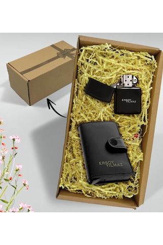 Bk Gift Hediye Kutulu Kişiye Özel Siyah Mekanizmalı Cüzdan Ve Benzinli Çakmak Hediye Seti, Sevgiliye Hediye, Babaya Hediye, Arkadaşa Hediye Kobitmeyen Gümüş - Siyah