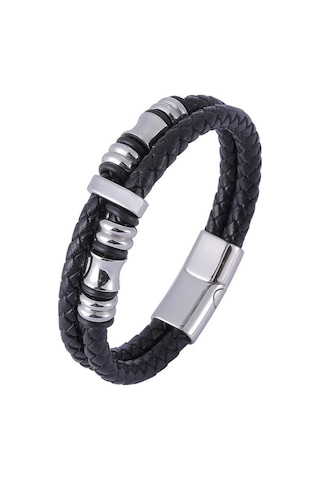 Punk Paslanmaz Çelik Metal Tokalı Erkek Takı İki Katmanlı Gerçek Deri Bileklik Siyah Charm'lı Hiphop Bileklik Siyah