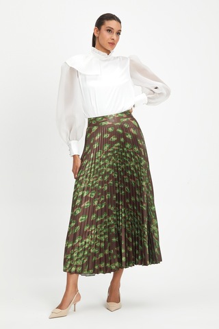 Kadın Desenli Pileli Midi Boy Etek - Yeşil
